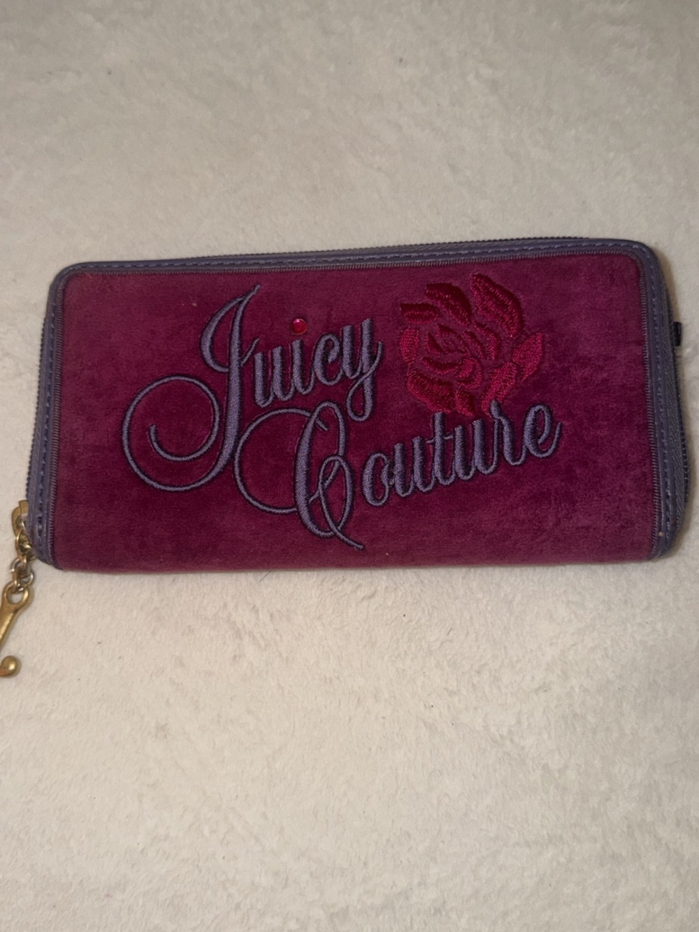 Juicy Couture Plum Velvet Zip-Around Wallet with Embroidered Logo